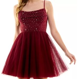City Studio Fit and Flare Skater Holiday Dress Jeweled Bling Tulle Burgundy